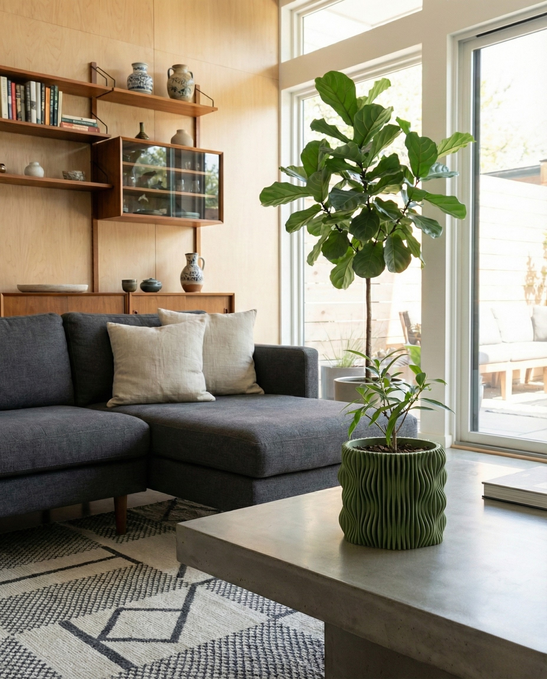 Modern living room with a gray sectional sofa, wooden shelves, and a potted plant.