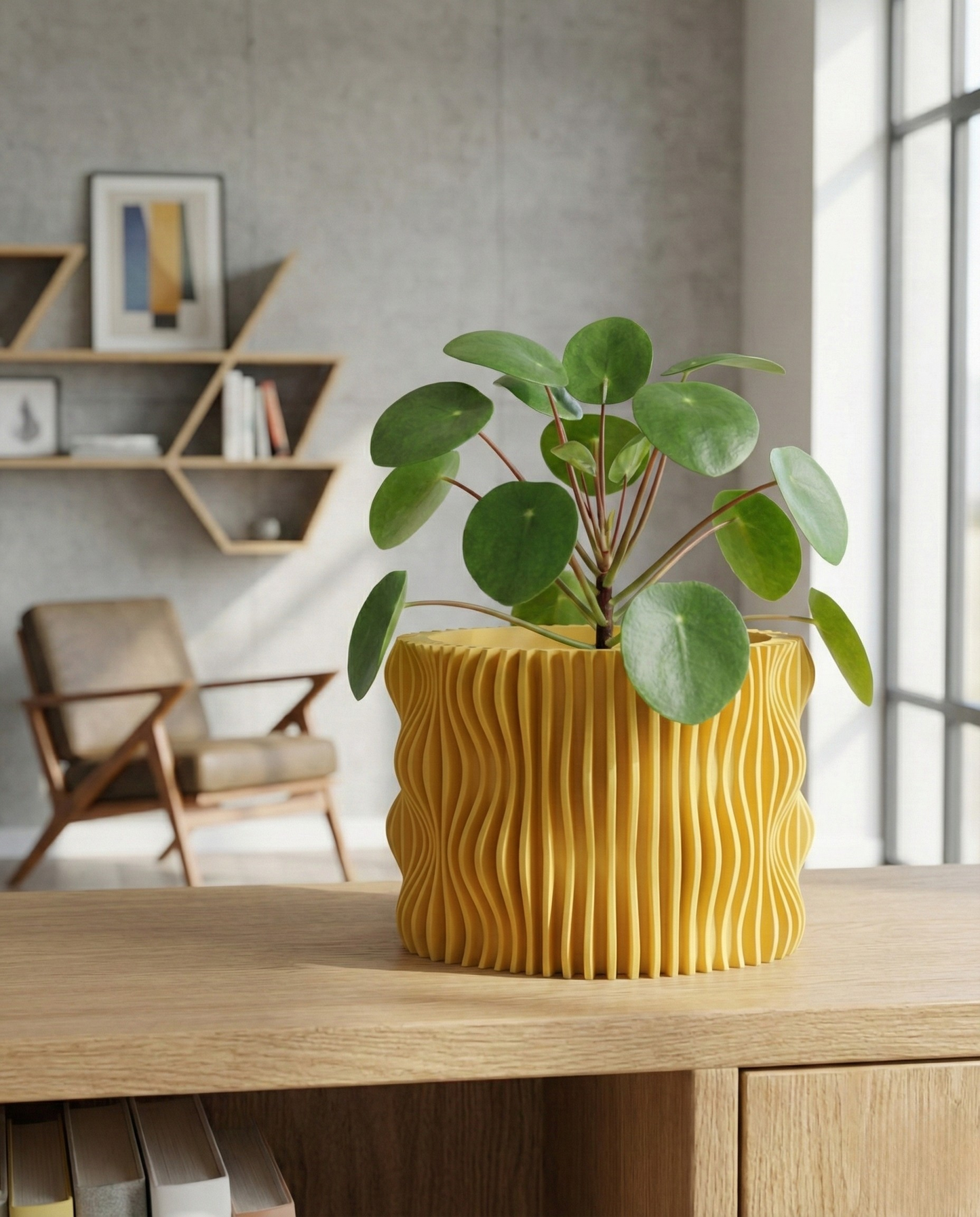 Yellow textured planter with a plant on a wooden surface in a room with a chair and shelves.