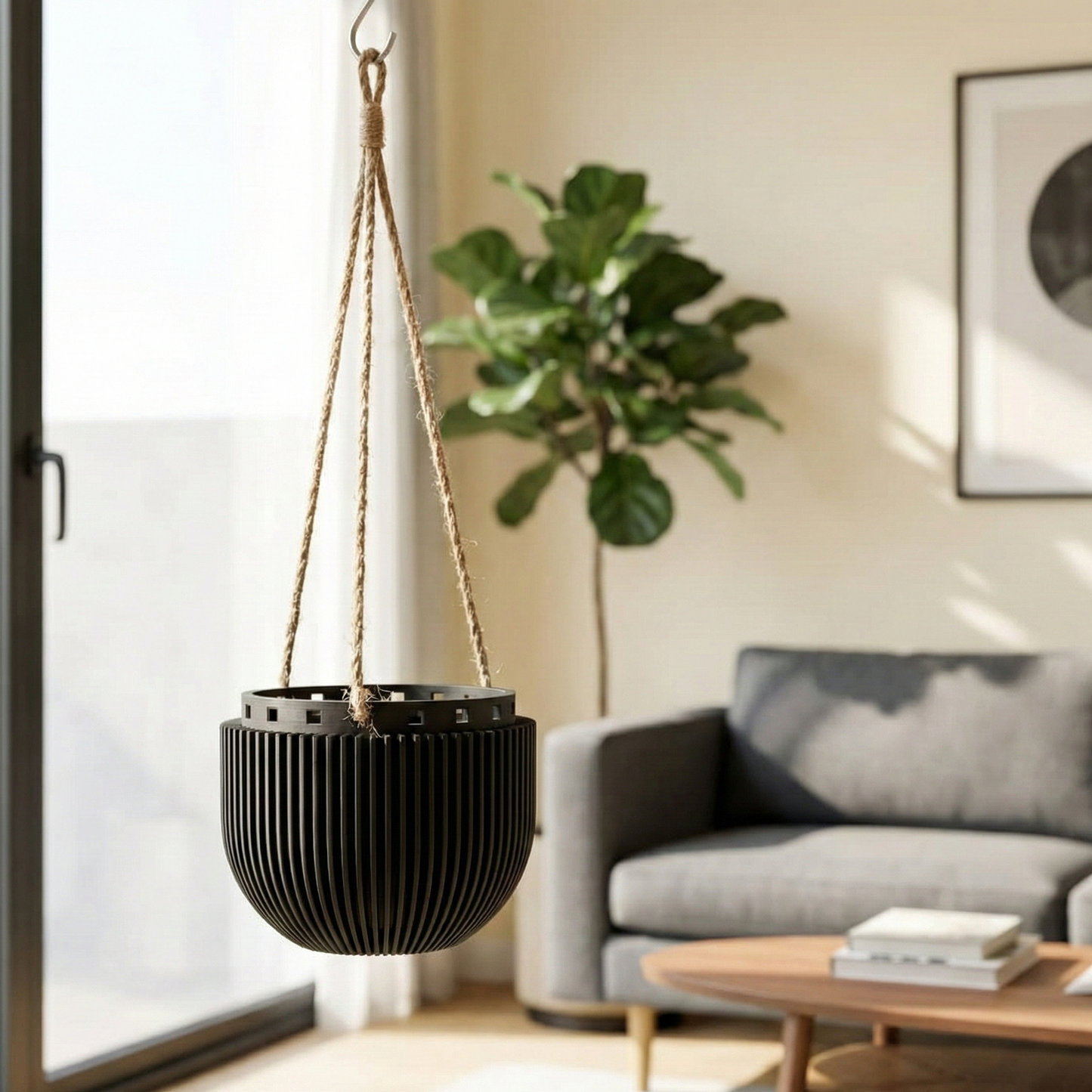 Black hanging planter in a modern living room with a gray sofa and wooden coffee table.