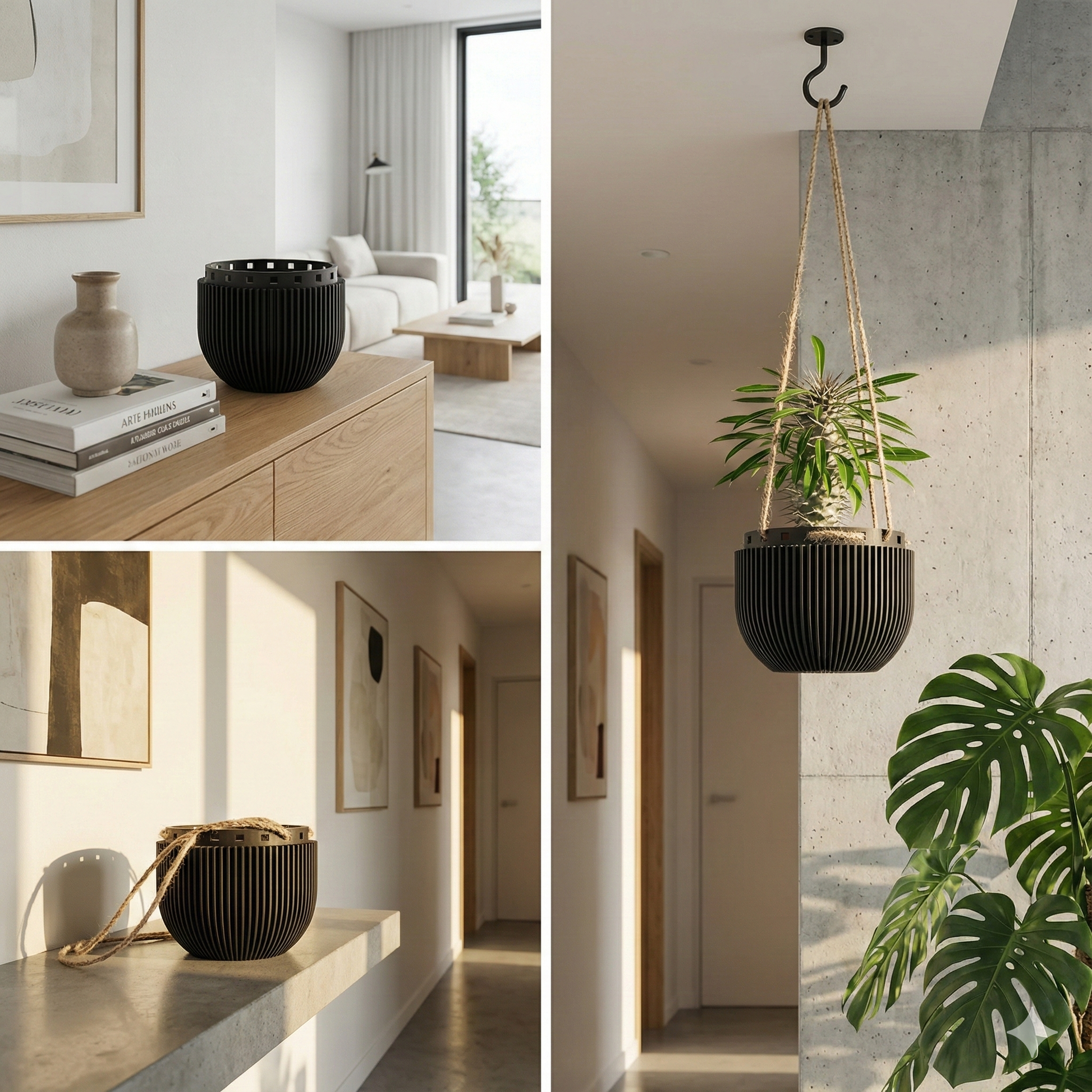 Collage of a modern interior with black decorative pots and plants.