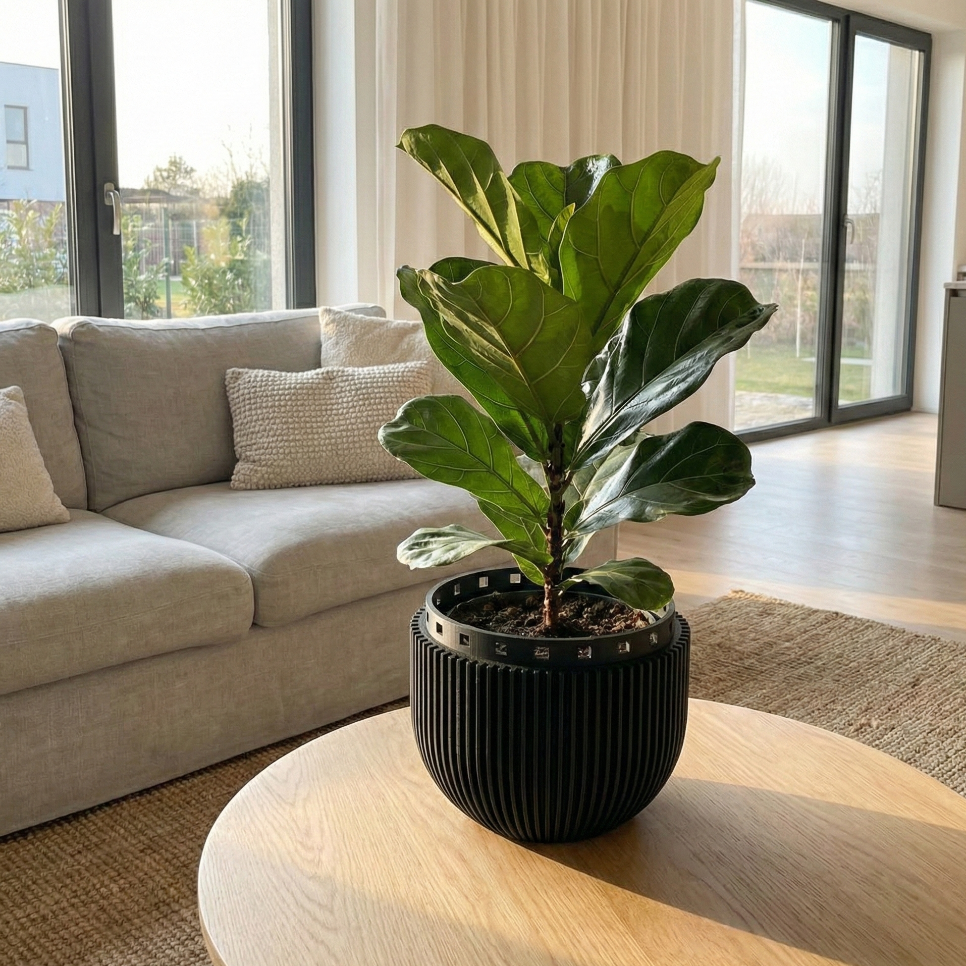 Fiddle leaf fig plant in a black pot on a wooden coffee table in a living room.